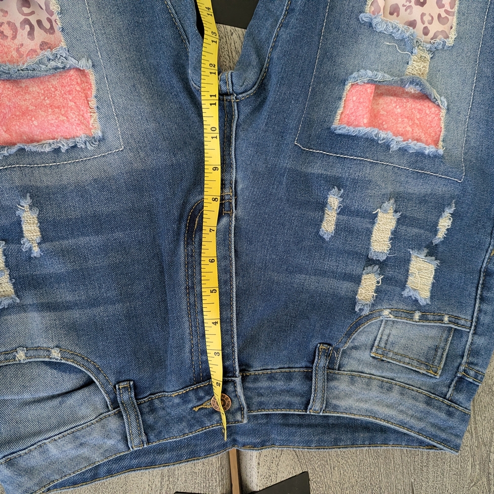 Women’s Blue Distressed Patchwork Jeans with Pink Accents Size M - Picture 12 of 16